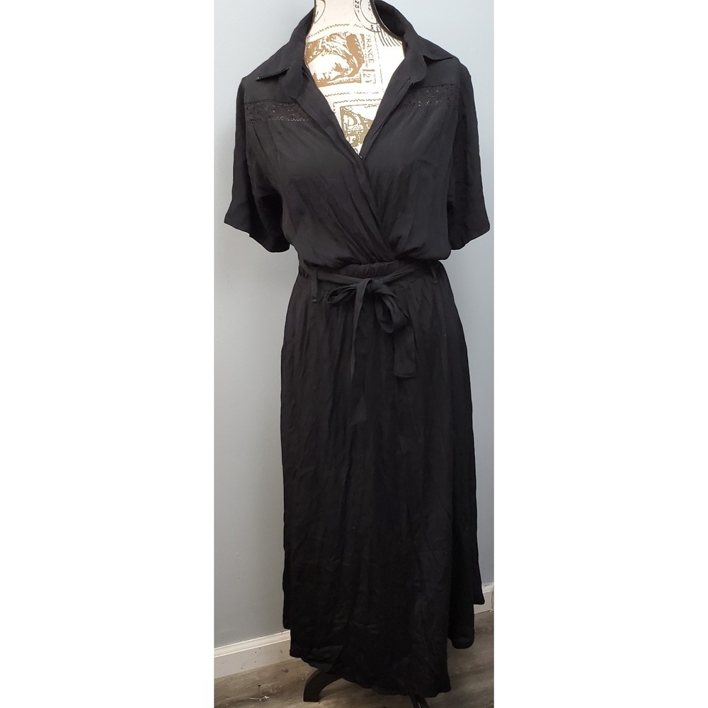 AURA Maxi Shirt Dress Womens S Black Short Sleeve Lace Trim Tie Waist Collared